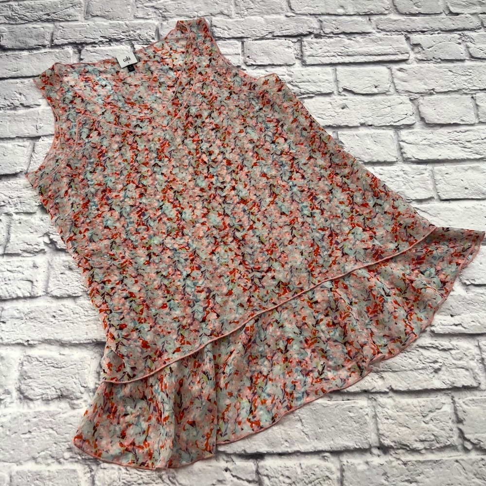 Cabi 5032 Floral V-Neck Sleeveless Ruffle Tiered High-Low Blouse Top Small Multi